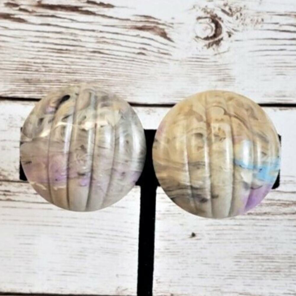 Vintage Clip On Earrings - Unusual Multi Colored Ridged Circle